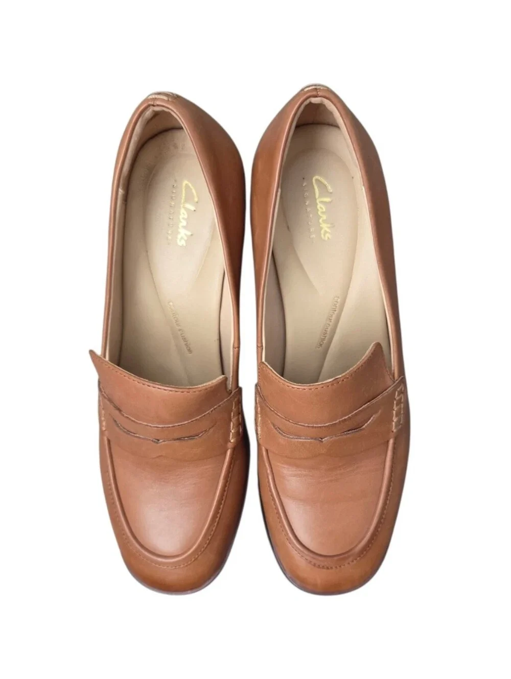 Clarks Zoya 85 Tan Leather Chunky Block Heel Penny Loafers Size 9.5 90s Retro